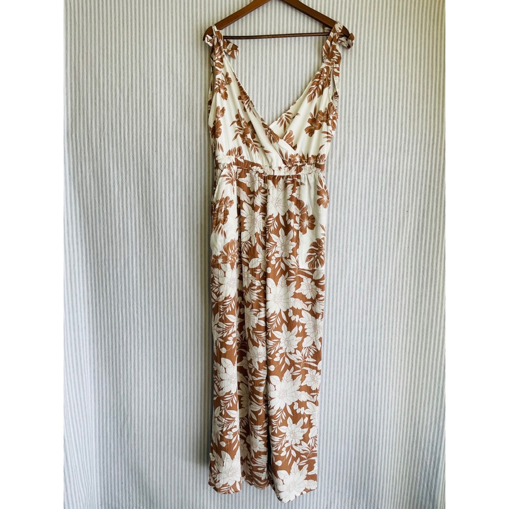 American Eagle Floral Tie Shoulder Wide Leg Jumpsuit Brown Cream L Tall NWT